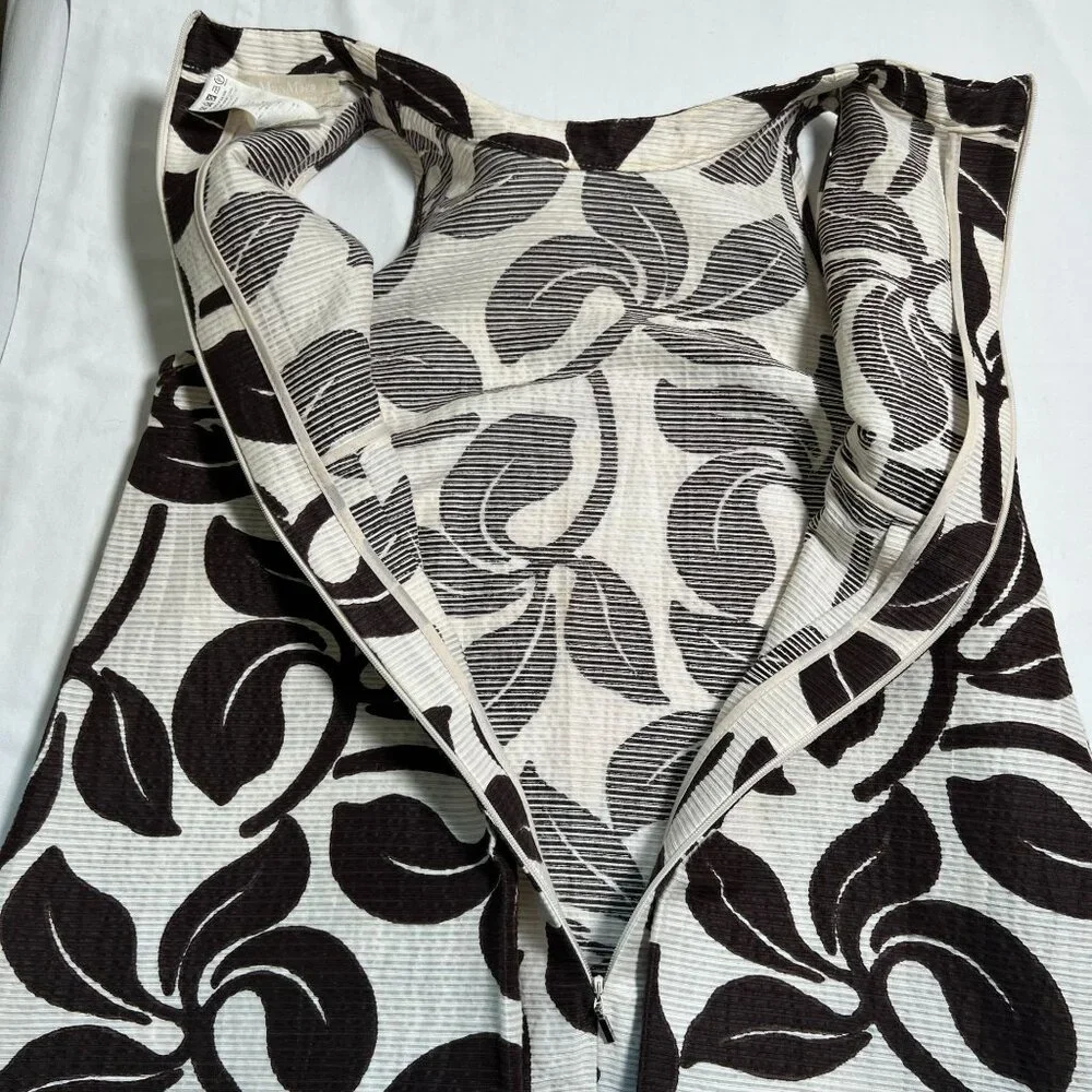 Max Mara Leaf Print Swing Dress Mini A-Line Retro Sleeveless Cotton Silk 4 Multi - Picture 7 of 11